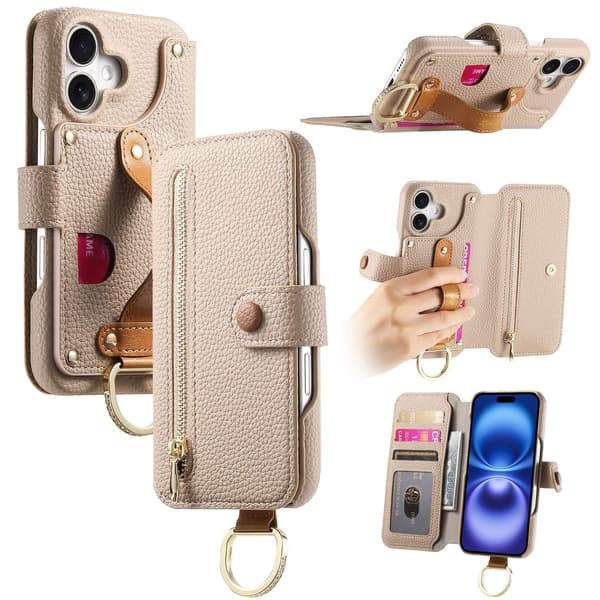 Etui til iPhone 13 Pro Khaki Pebbled Læder Flip Wallet med Kortholder