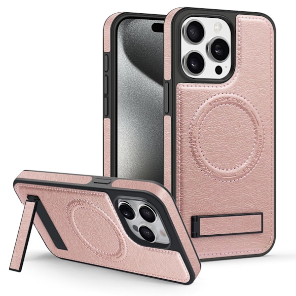 Etui til iPhone 15 Rosaguld læder stand krystal skjold Magnetisk