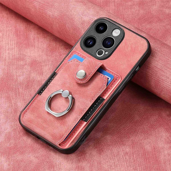 Kotelo iPhone 13 Prolle, pinkki korttipidike, yksivärinen retro, metallirengas, magneettinen autoteline