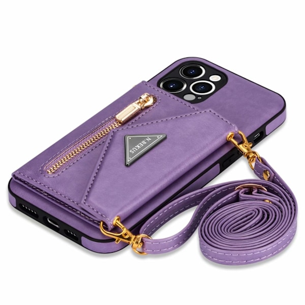 Kotelo iPhone 14 Pro Max -puhelimelle, violetti + kaulanauha, vetoketjullinen lompakko ja korttipidike