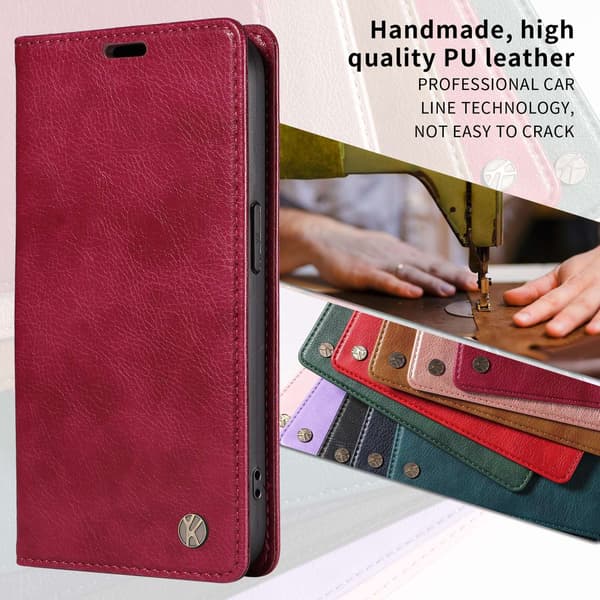 Etui til iPhone 14ProMax Rosarød Pebbled Magnetisk Wallet med Kortholder Flip