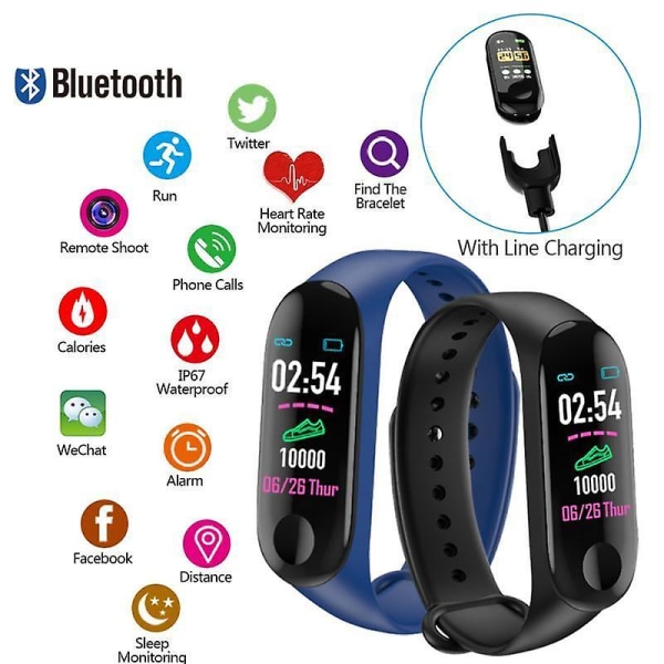 M3 Fitness Tracker Smart Armband- Pulsmätare för blodtryck Blue