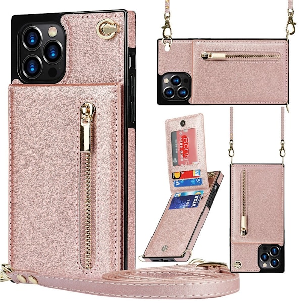 Kotelo iPhone 16plus Ruusukulta Crossbody vetoketjullinen lompakko korttipidikkeellä ja jalustalla