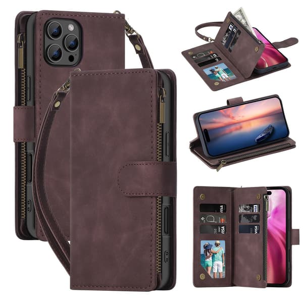 Etui til iPhone 16 Brun Soft-Touch multi-kort lynlåstaske