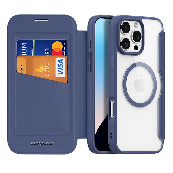 Etui til iPhone 16 Pro Max Dobbelt Kortlomme Stort Hul blå Magnetisk Flip Wallet med Kortholder