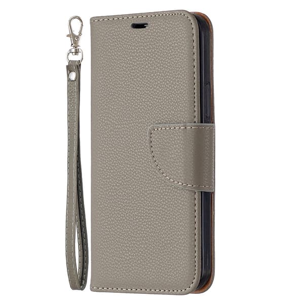Etui til iPhone 14 grå Pebbled Plain Flip Lommebok med Kortholder Stropp