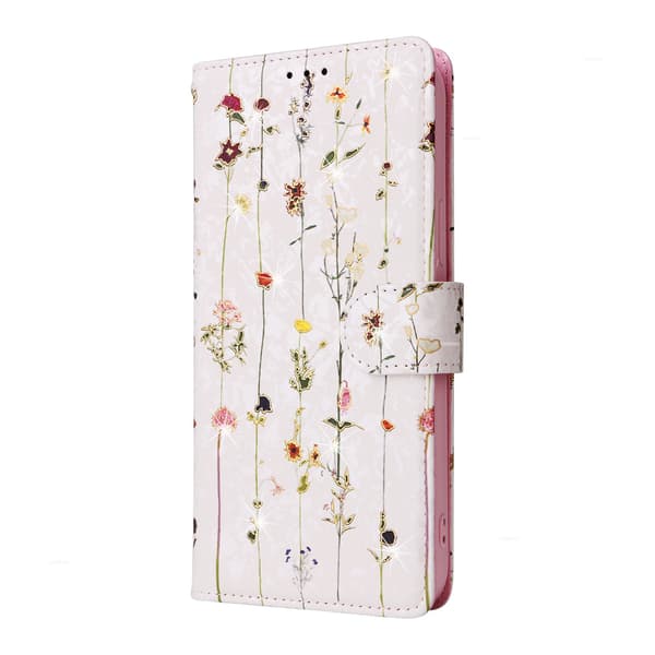 Etui til iPhone 14 Pro Max Tørret Blomster Verden RFID-Blokerende Varmstempling Pung med Kortholder Flip