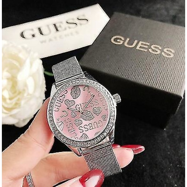 Ny Guess Graffiti Rose Gold Rostfritt stål Mesh Armband Watch Mode Casual Wanita Jam Silver And Pink