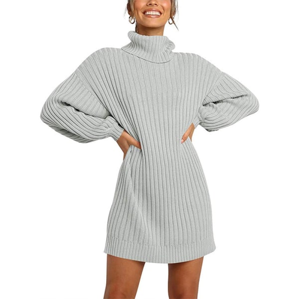 Enfärgad turtleneck Lantern Långärmad mellanlång stickad klänning Gray L