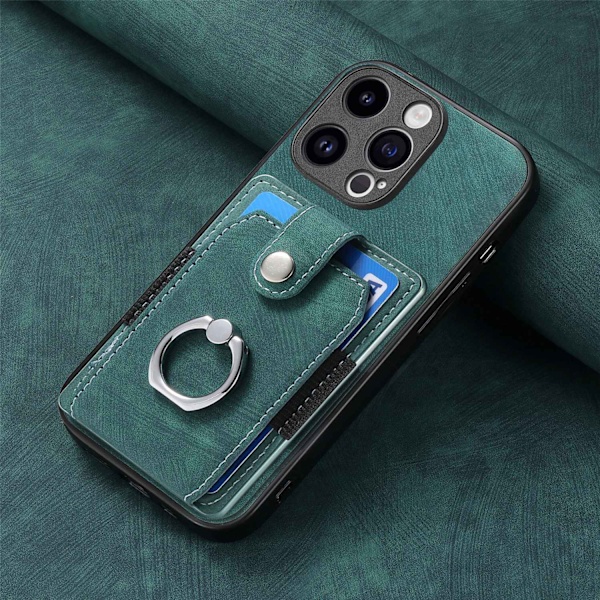 iPhone 13 Pro -kotelo, vihreä, korttipidike, yksivärinen, retro, metallirengas, magneettinen autoteline