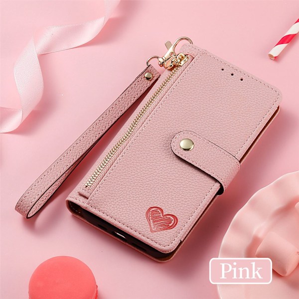 Etui til iPhone 16 Pro Pink + [snor i samme farve] lædertekstur Rem Pebbled Wallet med kortholder