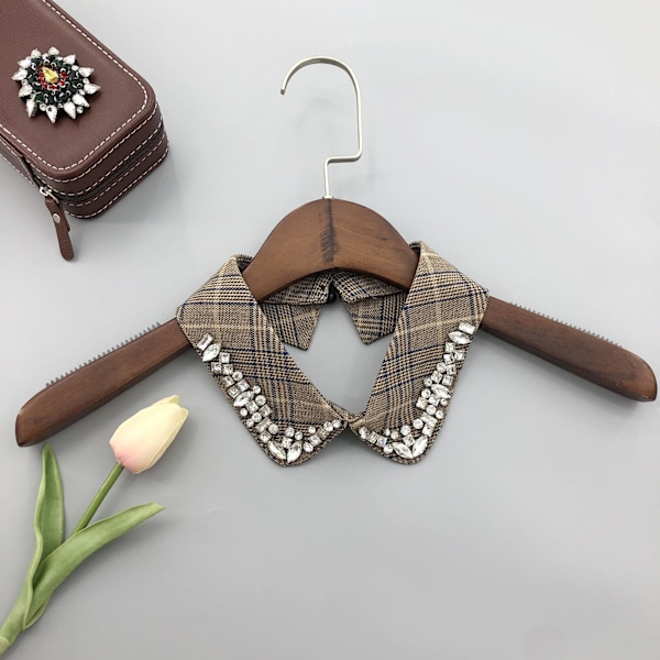 Dame falsk krage Rutete/Brun Hmade Rhinestone Ornament Liten Brown Plaid back open