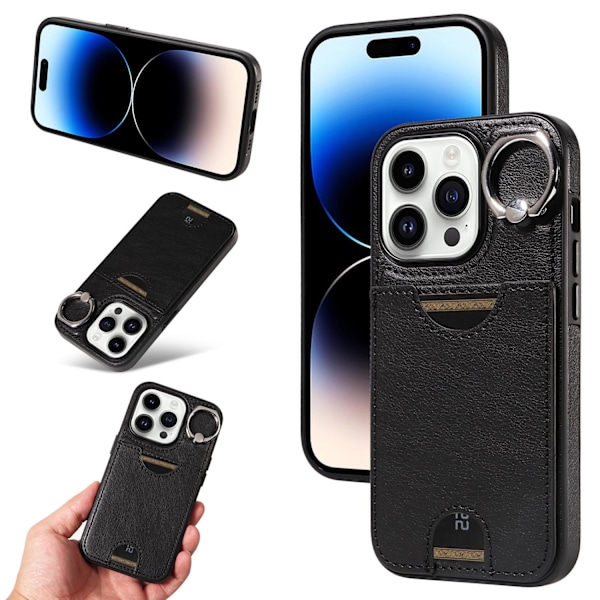 Etui til iPhone 14 Pro Max 6.7 sort kalveskind ring spænde pung med kortholder stativ