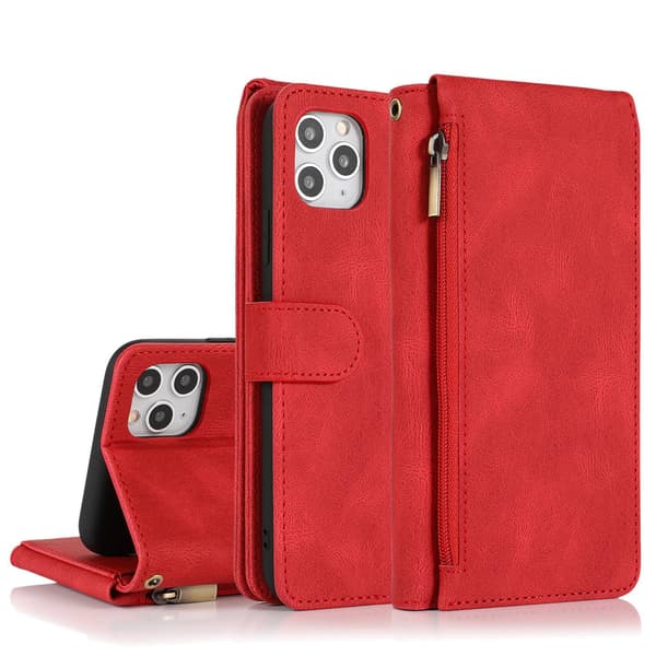 Etui til iPhone 15 rød Soft-Touch Lynlås Wallet med Kortholder Flip Multi-Card