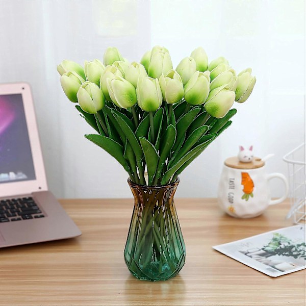Keinotekoiset tulppaanikukat, 20 kpl 34 cm keinotekoisia lateksitulppaaneja kodin, huoneen, toimiston, juhlien ja häiden koristeluun, valkoinen Light Green
