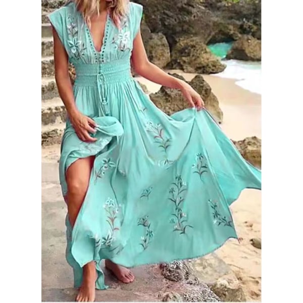 V-ringad French Beach Bohemian Printed Dress Sky Blue M