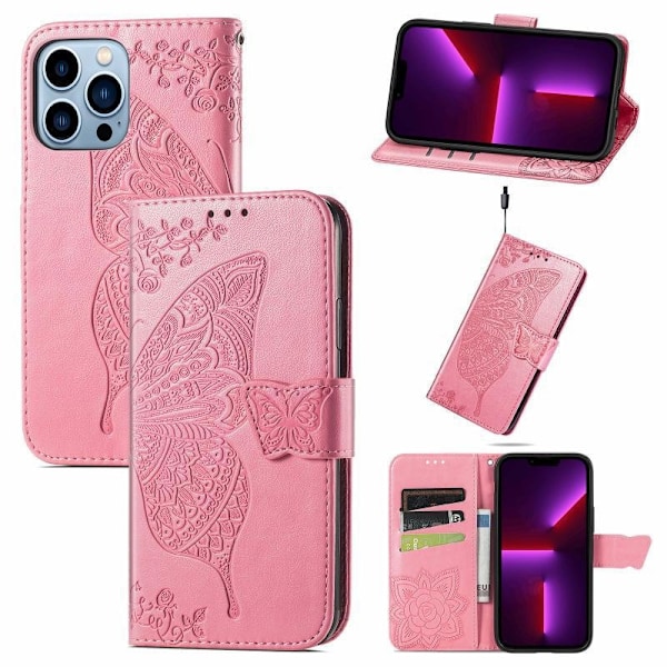 iPhone 13 -kotelo, vaaleanpunainen kohokuvioitu perhoslompakko korttipidikkeellä, 3D-kohokuvioitu