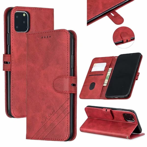 Etui til iPhone 15 Plus rød Kalveskind Almindelig Wallet med Kortholder Flip