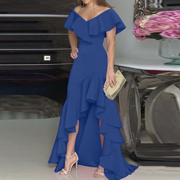Pure Color Temperament V-ringad Volang Irregular Dress Blue M