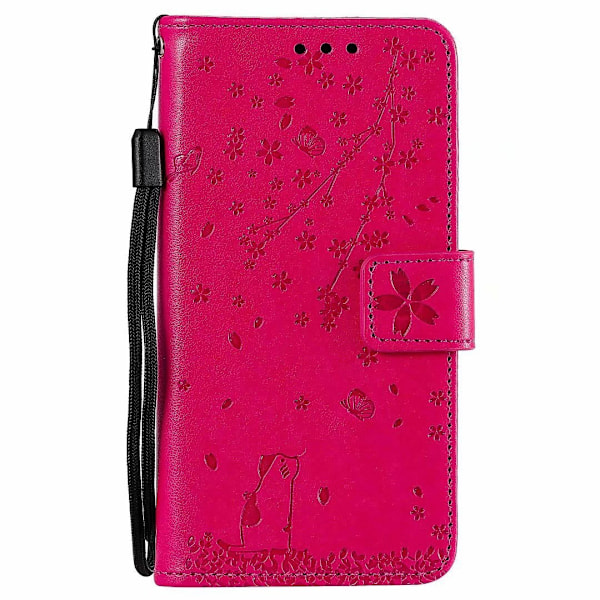 Etui til iPhone 15 Plus, rosenrød Sakura Kat, 3D-præget pung med kortholder og flip