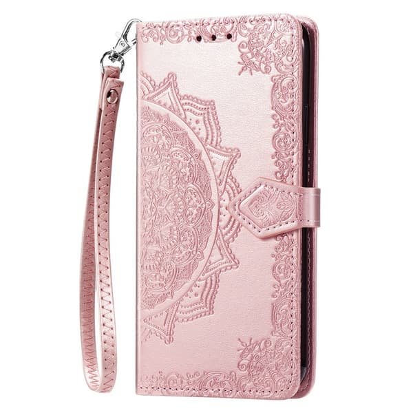 Etui til iPhone 16 Rose gull (med kort armbånd) Source Flip 3D preget stativ i lær