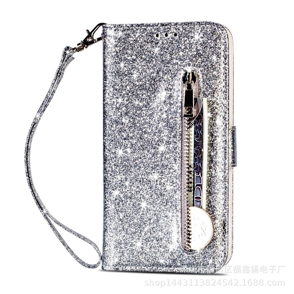 Fodral för iPhone 13 mini silver glitter dragkedja Plånbok med korthållare Flip
