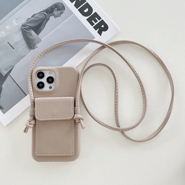 Etui til iPhone 14 Litchi mønster ørekort holder lanyard khaki Kortholder crossbody læder tekstur