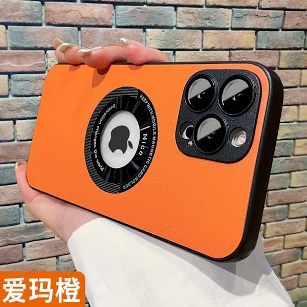 Etui til iPhone 15 orange farve Pebbled læder Magnetisk Manglende label linse