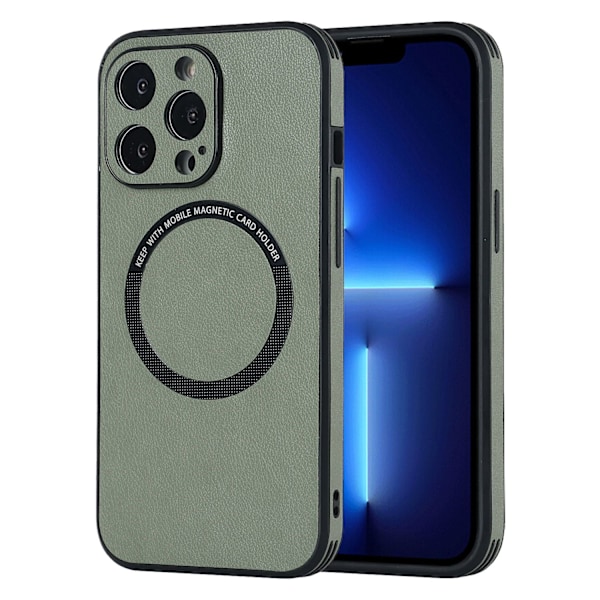 Etui til iPhone 15 Pro, armygrønt læder, magnetisk trådløs oplader, kreativt