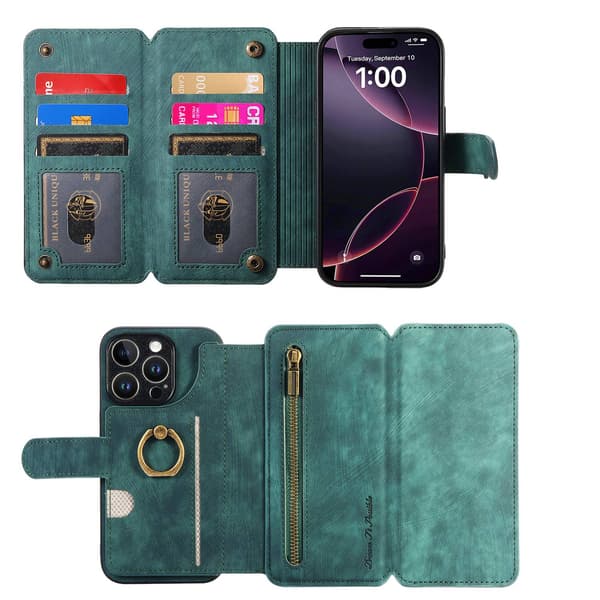 Etui til iPhone 14 Plus grøn Ekstra Stor Tri-Fold Flip Business RFID-Blokerende Multi-Wallet med Kortholder