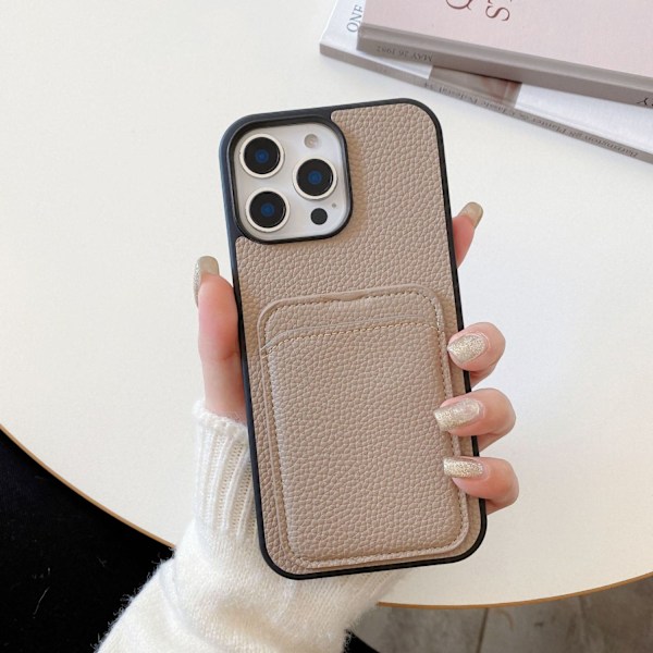 Fodral för iPhone 14/15plus Khaki litchi korthållare Pebbled lädertextur Plånbok med korthållare