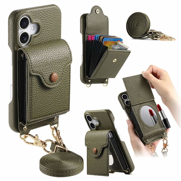 Fodral för iPhone 14 Plus Midnattsgrön Pebbled Stor Dragspels Sminkspegel Crossbody Rem