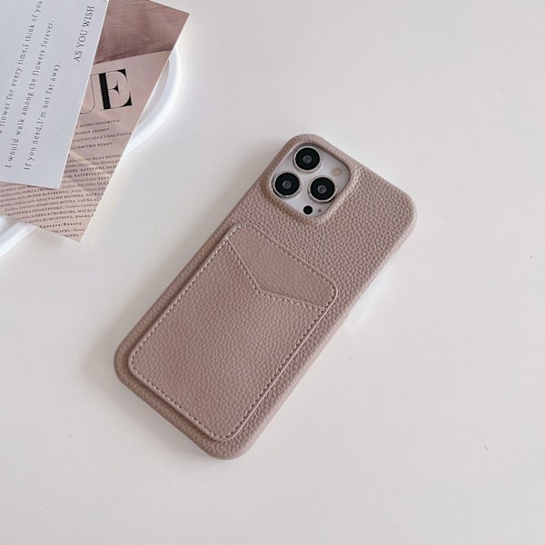 Fodral för iPhone 16promax Kamel korthållare litchi läderfodral Klassisk Pebbled Korthållare Läderstruktur