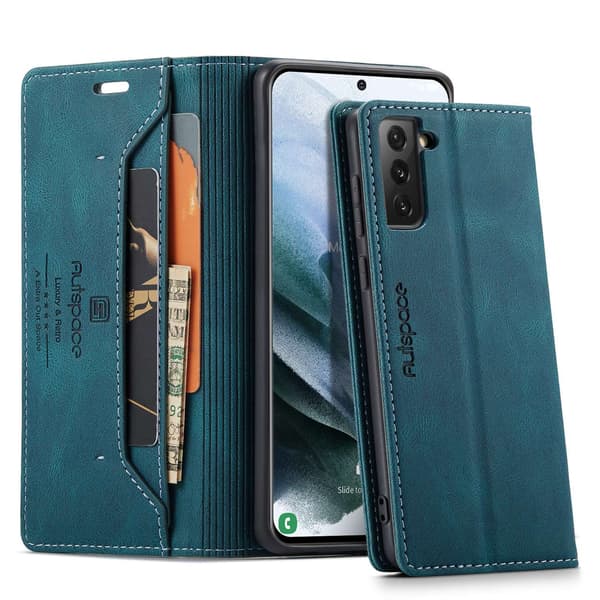 Etui til iPhone 15 Pro, blå flip-pung med kortholder og magnetlukning
