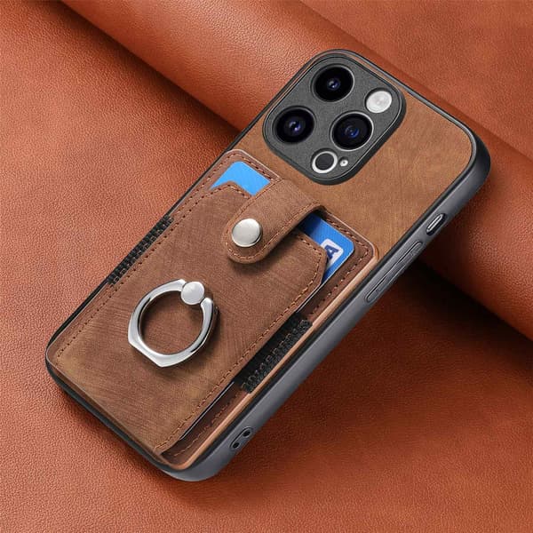 Etui til iPhone 14 brun Kortholder Enkel Retro Hardware Ring Bil Magnetisk