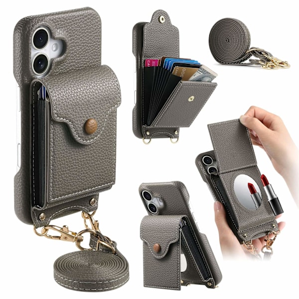 Fodral för iPhone 14 Plus grå Pebbled Stor Dragspels Sminkspegel Crossbody Rem