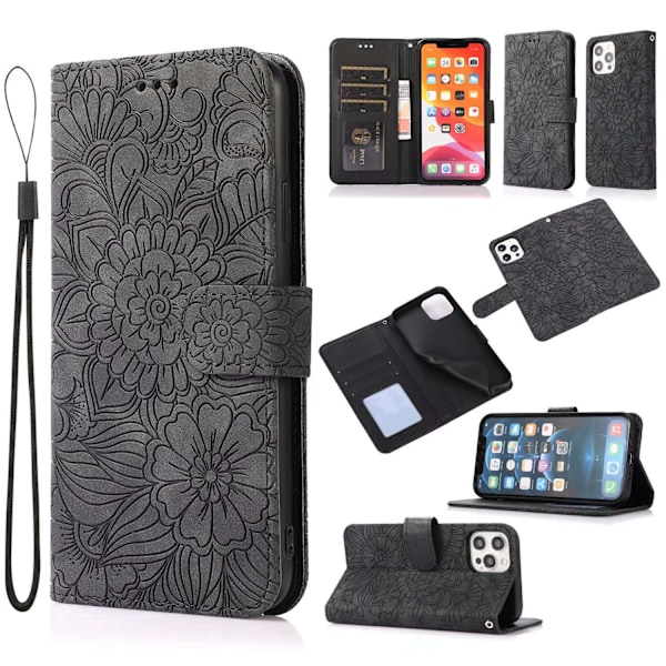 Etui til iPhone 13 svart Soft-Touch 3D-preget solsikke lommebok med kortholder
