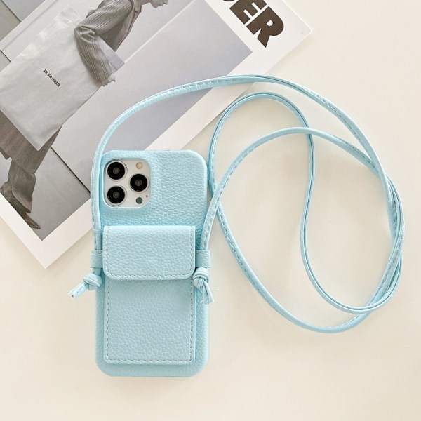 Etui til iPhone 13 Lychee mønster ørekort holder lanyard himmelblå Kortholder crossbody læder tekstur