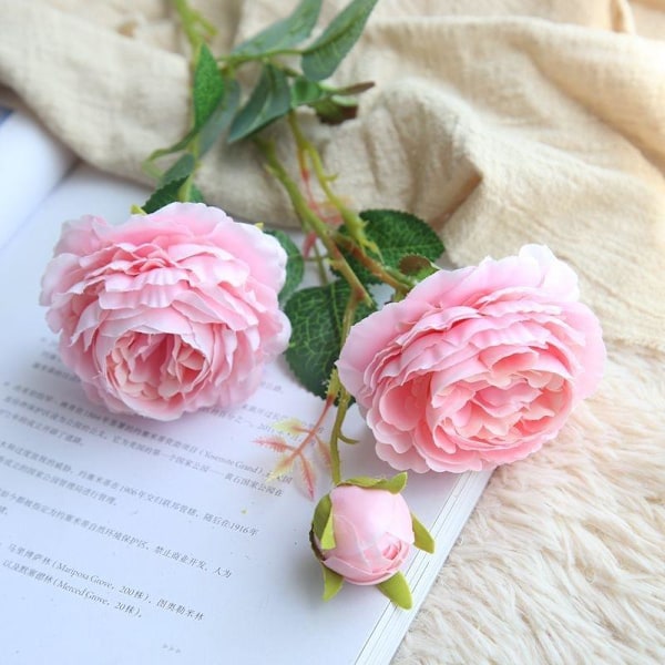1 STK 3 Hoveder Rose Silke Kunstig Pæon Blomst til Hjem Bryllup Væg Blomsterdekoration Blomsterfest Red