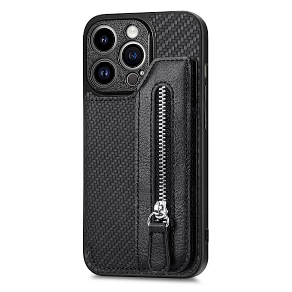 Etui til iPhone 15PLUS sort Carbon fiber mønster Wallet med kortholder stand