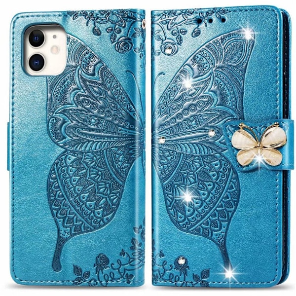 Etui til iPhone 13 Pro blått diamant 3D-preget sommerfuglblomstskive