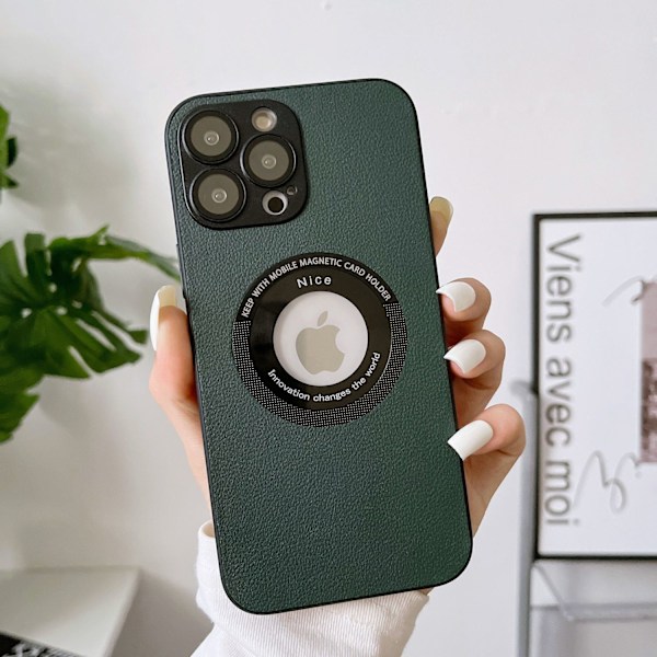 Etui til iPhone 15 Grøn Ridge Pebbled læder Magnetisk Manglende etiket linse