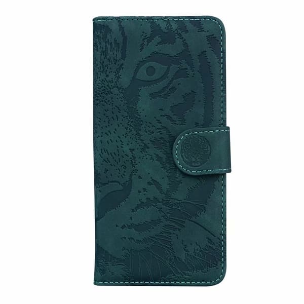 Etui til iPhone 14 Pro Max grøn 3D Præget Tiger Soft-Touch Wallet med Kortholder Flip