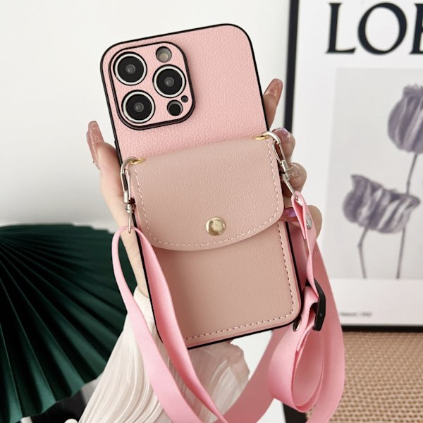 Fodral för iPhone 16pro Litchi Korthållare + Crossbody Rosa Crossbody Pebbled Plånbok med Korthållare