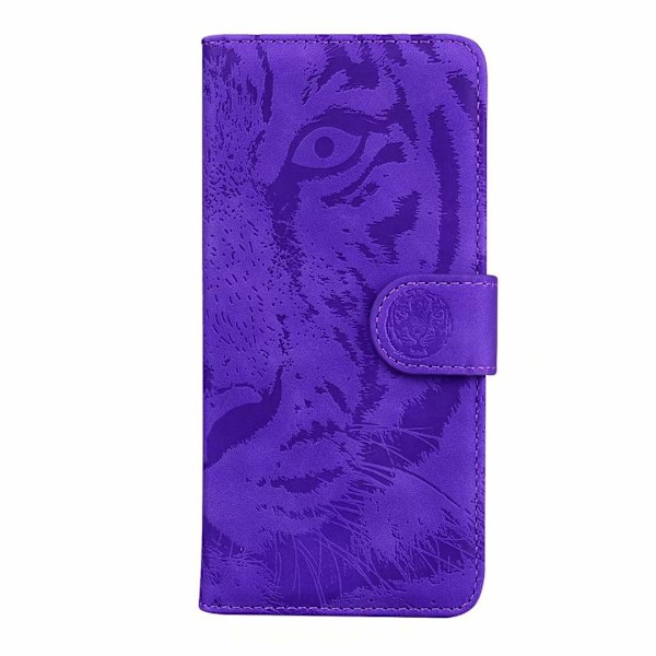 Kotelo iPhone 14 Pro Max -puhelimelle, violetti, 3D-kohokuvioitu tiikeri, pehmeä lompakko korttipidikkeellä ja läpällä