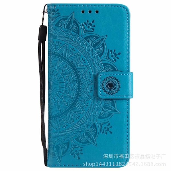 Fodral för iPhone 14 blå Totem 3D Präglad Halv Blomma Plånbok med Korthållare