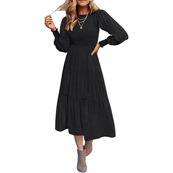 Långärmad veckning Layered Short Sleeve Large Swing Dress Black L