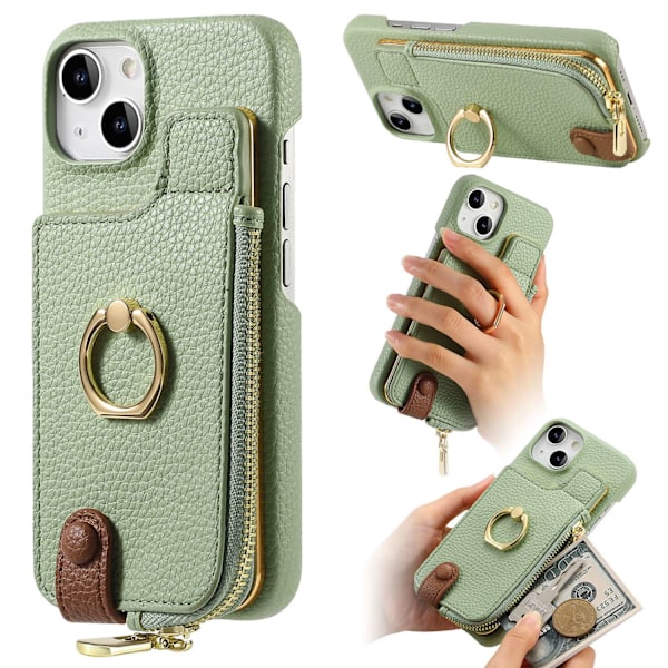 Fodral för iPhone 16 Pro Max Matcha Grön Pebbled Enkel Ring Plånbok med Korthållare