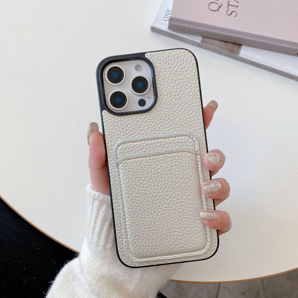 Kotelo iPhone 15:lle, hopeinen litsikuvioinen korttipaikka, kivikuvioitu nahkapintainen lompakko korttipidikkeellä