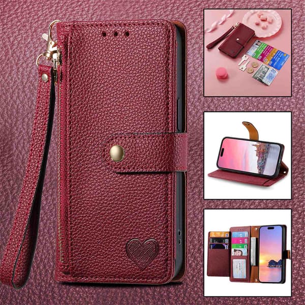 Etui til iPhone 13 Pro Burgunder [kort snor] Source Love Pebbled RFID-blokkerende stropp